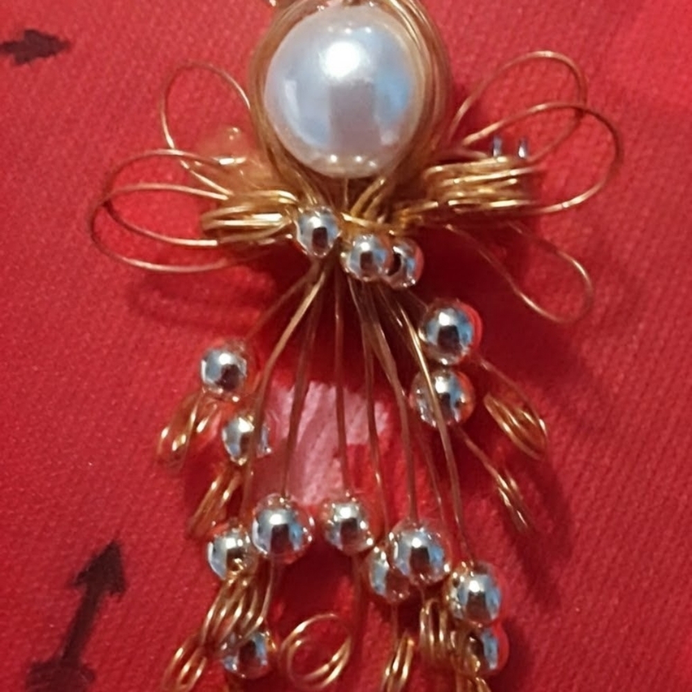 Elegant Gold and Silver Wire Wrapped Angel With Various Faux Pearls Brooch - Picture 5 of 5
